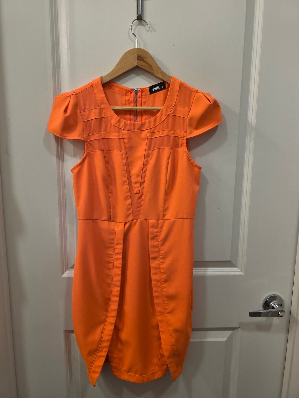 Dotti Coral Orange Mini Dress with Puff Sleeves and Tulip Hem